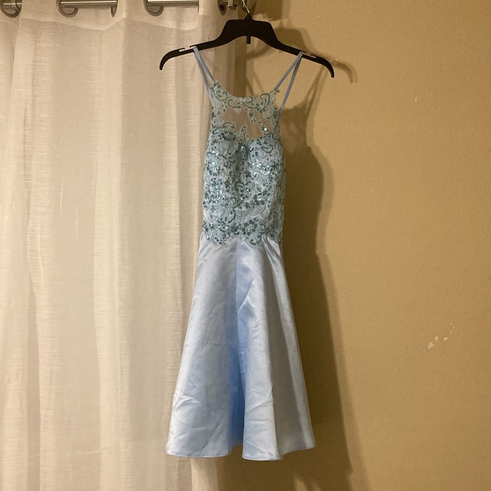 Blue sequin short weddings/prom dress